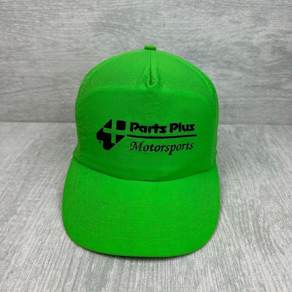 Vintage Parts Plus Motorsports Hat Cap Snap Back Neon Green Nylon Broken Snap